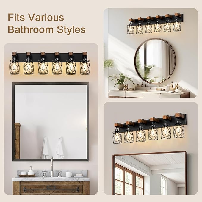 IZORRO Farmhouse Bathroom Vanity Light, 6-Light Wood Bathroom Light Fixtures Over Mirror, Black Industrial Vanity Lights with Metal Shade, Rustic Restroom Lighting Fixtures