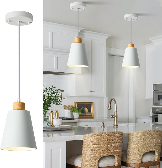 White Pendant Light Kitchen Island Wood Pendant Lighting Mini Modern Hanging Light Small Pendant Light Fixture for Dining Room,Bar,Bedroom,Adjustable Cord,5.94 inch,1 PCS