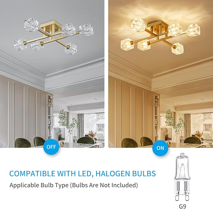 XINGQI Modern Ceiling Light Sputnik 6-Light Semi Flush Mount Ceiling Light Fixtures, Mid Century Antique Gold Chandeliers for Bedroom Dining Room Powder Room