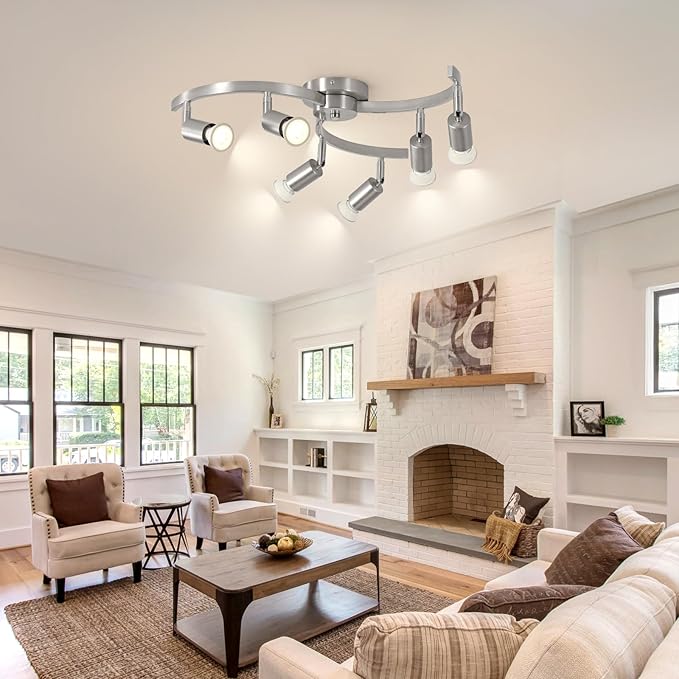 SEEBLEN 6 Light Track Lighting Fixtures Ceiling, Flexibly Rotatable Light Heads, Nickel Semi Flush Mount Ceiling Light for Kitchen Dining Room Living Room.Gu10 Bulb Base.