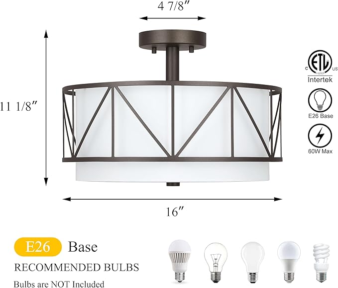XiNBEi Lighting 16 inch Semi Flush Mount Ceiling Light Fixture with Metal Cage, Modern Drum Light Fixture for Bedroom Kitchen Ceiling Light Fixture for Dining Room XB-SF330-DB