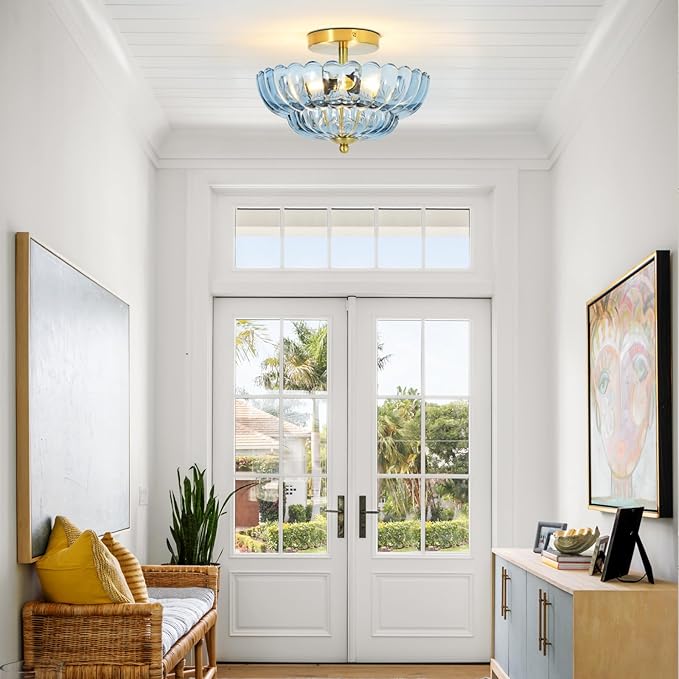 11.8 inch Kitchen Ceiling Light, 3-Light Semi Flush Mount Ceiling Lamp with Flower Glass, Modern Close to Ceiling Light Fixtures for Bathroom Bedroom Hallway Entryway, Blue