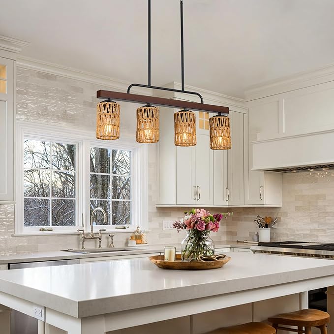 Farmhouse Dining Room Light Fixtures, 30" Rattan 4-Light Wood Kitchen Island Lights Fixture Boho Linear Chandelier Black Hanging Pendant Lighting Over Table