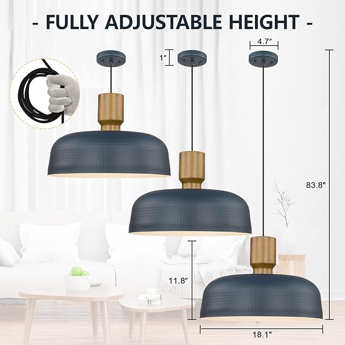 Darkaway Large Industrial Pendant Light Fixtures with Hammered Metal Shade, 2 Pack Blue 18.1inch Oversized Pendant Lighting for Kitchen Island Hanging Lamp Adjustable Height