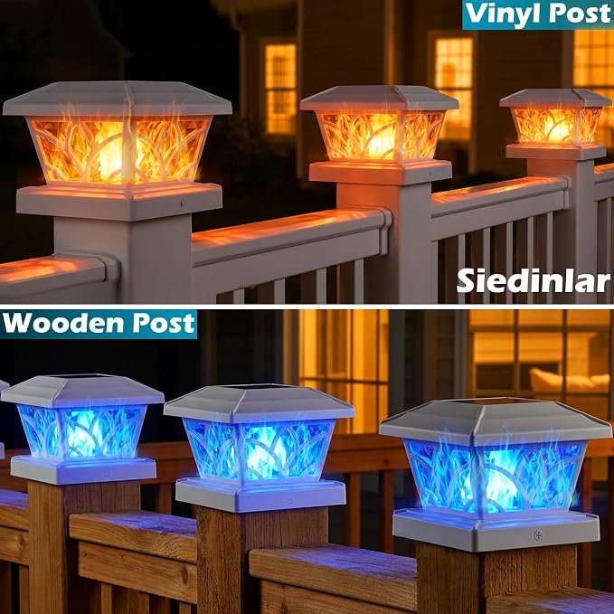 SIEDiNLAR Flickering Flame Solar Post Cap Lights 4 Modes 6 Pack, Upgrade Model for 4x4 5x5 6x6 Vinyl/Wood Posts, Waterproof Outdoor Fence Deck Patio Decor, Warm White & Blue Light (White)
