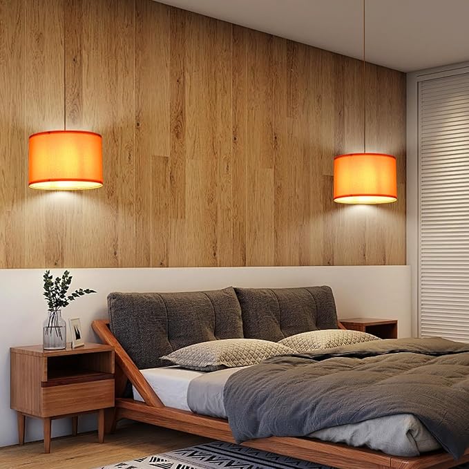 2 Pack Plug in Pendant Light, Hanging Light with 15Ft Clear Cord, On/Off Switch, Dark Orange Fabric Lamp Shade, Hanging Light Fixture for Bedroom, Kitchen
