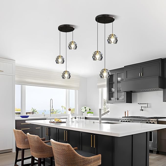 3 Light Cluster Pendant Lighting Black Crystal Chandelier Small Crystal Pendant Lights Kitchen Island Modern Hanging Light Fixture Gold Dining Room Light Fixtures Over Table