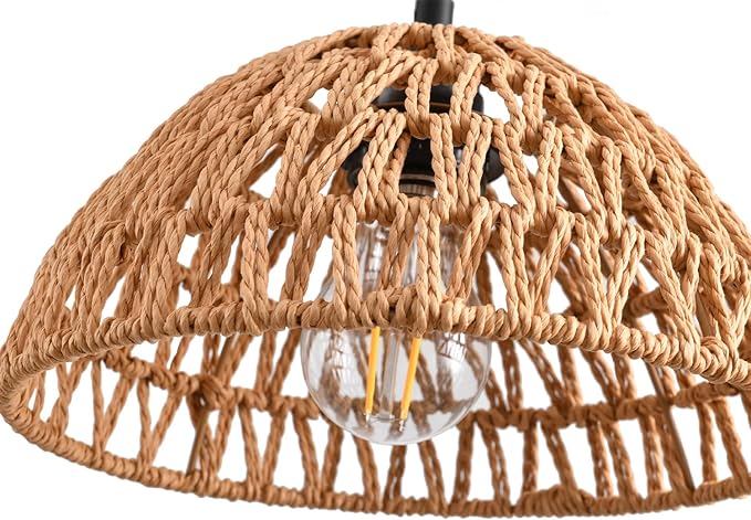 2 Pack Plug in Pendant Light 10.2" Rattan Hanging Lamp with Switch,Hemp Rope Cord Boho Woven Wicker Lampshade Hanging Lights with Plug in Cord Ceiling Light Fixture for Living Room Bedroom Kitchen