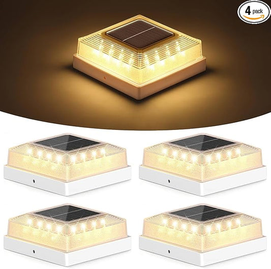 Brightever 3.5x3.5 4x4 Solar Post Cap Light Outdoor, 4-Pack Fence Post Solar Lights for Wooden/Vinyl Posts, 3 Lighting Modes, Solar Powered Waterproof Deck Post Lights for Garden Patio, White