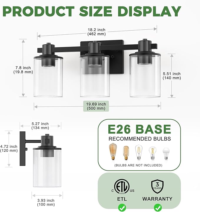 DORESshop 20 Inch Upgraded Bathroom Light Fixtures, 3-Light Black Bathroom Lighting Fixtures Over Mirror with Clear Glass Shade, Vanity Lights for Bathroom Living Room Bedroom, ETL Listed