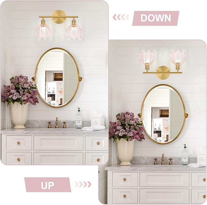 Gold Bathroom Light Fixtures Over Mirror, 2 Light Bathroom Vanity Light Fixture with Tulip Pink Glass Lampshade, Vintage Vanity Lights for Bathroom, Bathroom Vanity Lights Over Mirror