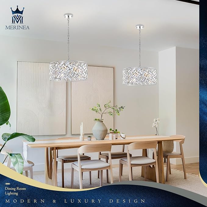 Chrome Crystal Chandelier, 18" Modern Drum Ceiling Light Fixture, 6-Light Semi Flush Mount Pendant with K9 Crystals, Round Hanging Lighting for Dining Room, Living Room, Bedroom, Kitchen, Hallway