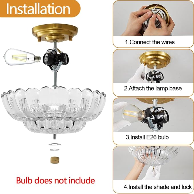 Semi Flush Mount Ceiling Light, Gold Light Fixture Ceiling Mount with Scalloped Clear Glass Shade, 3 Lights Vintage Chandelier, Modern Farmhouse Lighting for Hallway Kitchen Bedroom Foyer,
