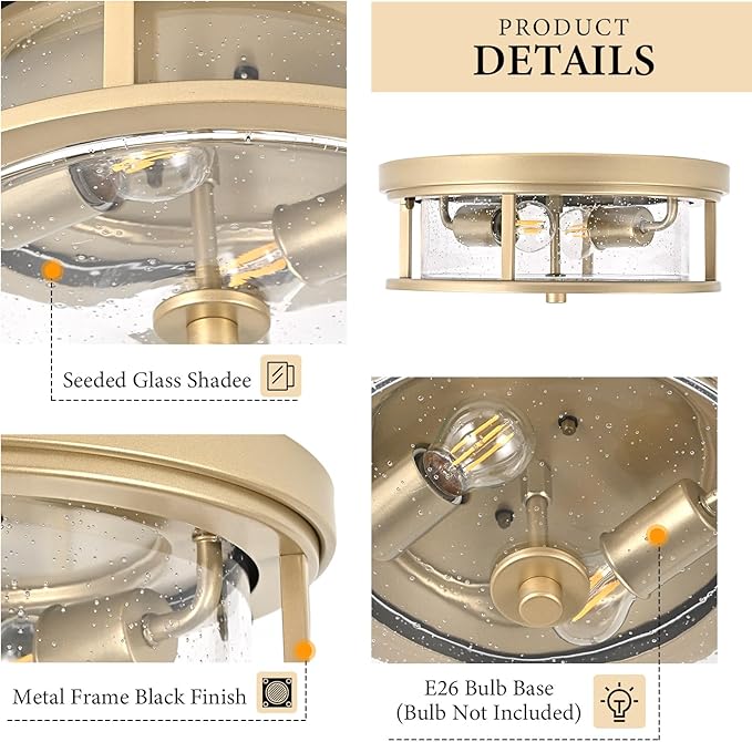 Gold Flush Mount Ceiling Light Fixture with Glass Brass Ceiling Light Fixture for Bedroom, Indoor Outdoor Ceiling Lights for Porch Hallway Kitchen