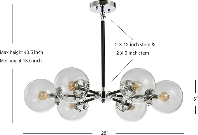 JONATHAN Y 28" Chrome/Black Modern 6-Light Cluster Pendant Chandelier, Clear Glass Shade Hanging Fixture for Kitchen Island Dining Room, LED Bulbs Included, Dimmable (JYL9059A)