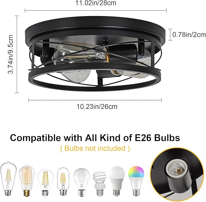 Farmhouse Ceiling Light Fixtures Black Flush Mount Ceiling Light 3-Light Vintage Kitchen Light Fixtures Metal Cage Ceiling Lights for Bedroom, Living Room, Hallway, Foyer(E26 Base)