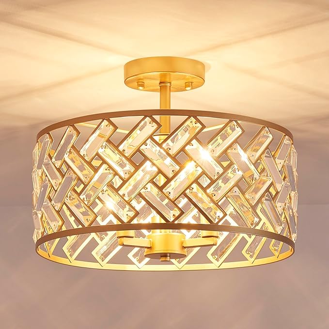 AGV LIGHTING Gold Semi Flush Mount Ceiling Light Fixture, Crystal Chandelier Ceiling Lighting Fixture for Bedroom, Kitchen, Hallway