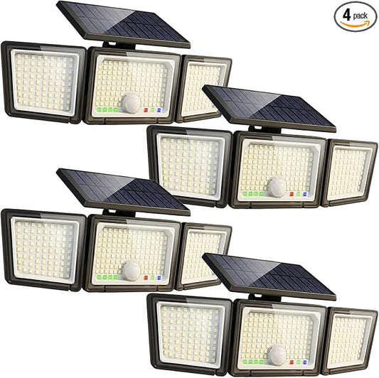 Solar Outdoor Lights Motion Sensor, 2500LM 286 LED Security Flood Lights with Visual Battery & Mode Display, 3 Lighting Modes, IP65 Waterproof 3-Head Wide Angle for Garage, Yard, Patio (4 Pack)