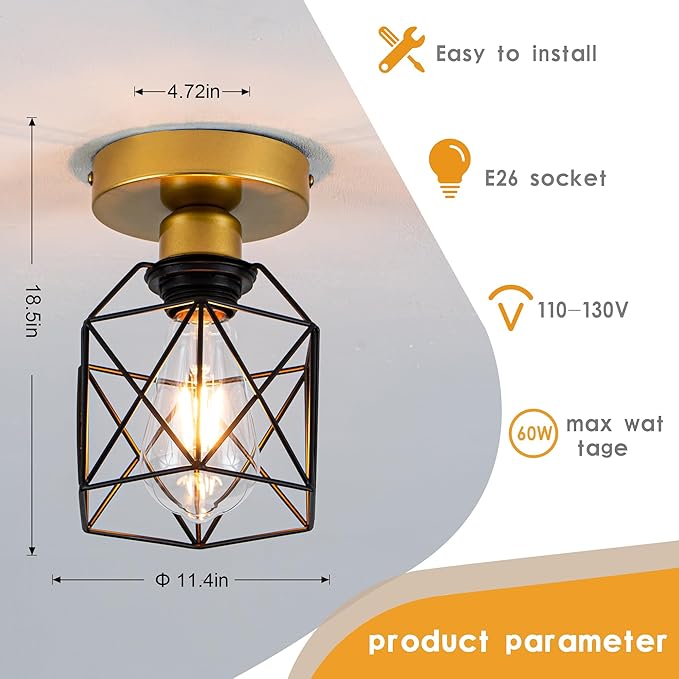 Industrial Ceiling Light, Gold and Black, Metal Cage Shade, Semi-Flush Mount, Geometric Design Caged, Mini