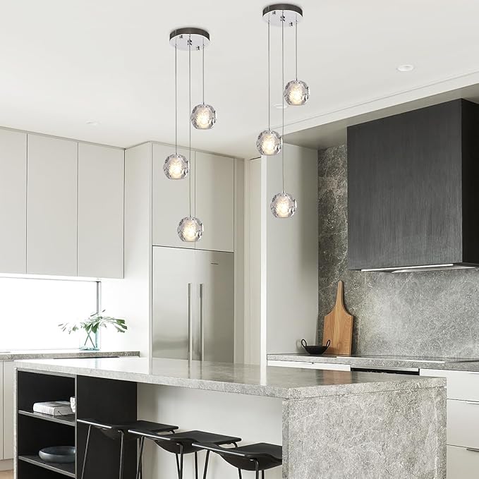 3 Lights Pendant Lighting, Kitchen Chrome Pendant Lights, Bubble Crystal Pendant Island Light Fixture, Modern Cluster Pendant Hanging Light for Dining Room