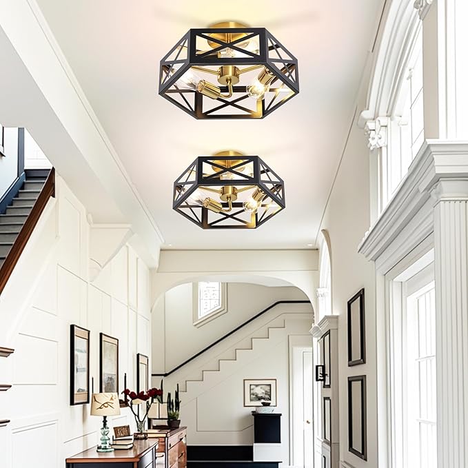 Semi Flush Mount Ceiling Light, Black and Gold Light Fixtures Ceiling Mount with Hexagon Cage, Metal Industrial Close to Ceiling Light for Hallway, Kitchen, Bedroom (Black and Gold, 14.56''L)