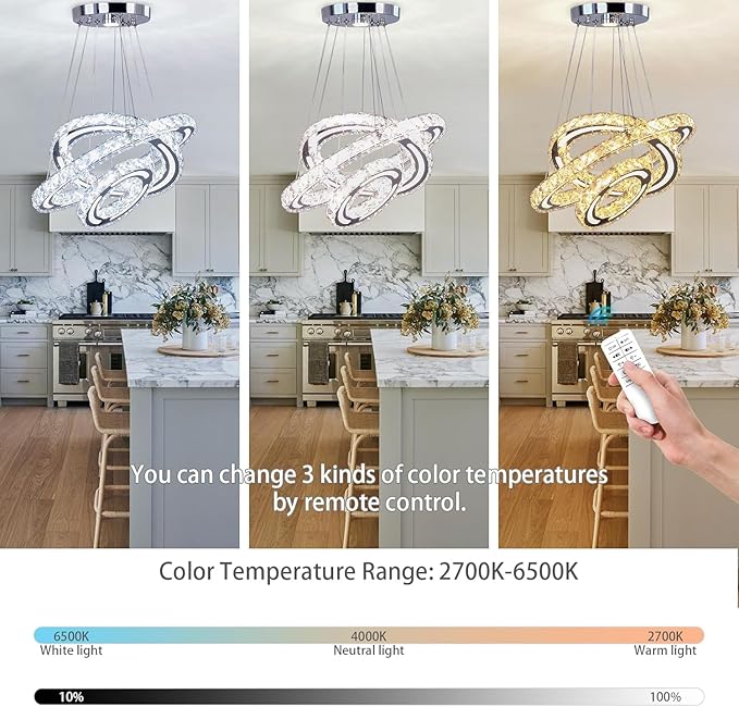 CXGLEAMING Modern Crystal Chandeliers DIY 3 Rings Dimmable Ceiling Light Fixture LED Pendant Lamp for Kitchen Dining Room Living Room Bedroom 180mm Base 153 Crystals (Dimmable)