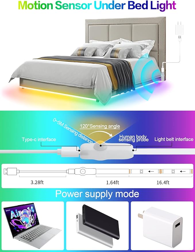 KANTUTOE Motion Activated LED Light Strip, 16.4FT Motion Sensor LED Light Indoor with APP Control, Under Bed Lights Motion Sensor with 5V USB Powered, Suitable for Bed Cabinet Staircase Bedroom