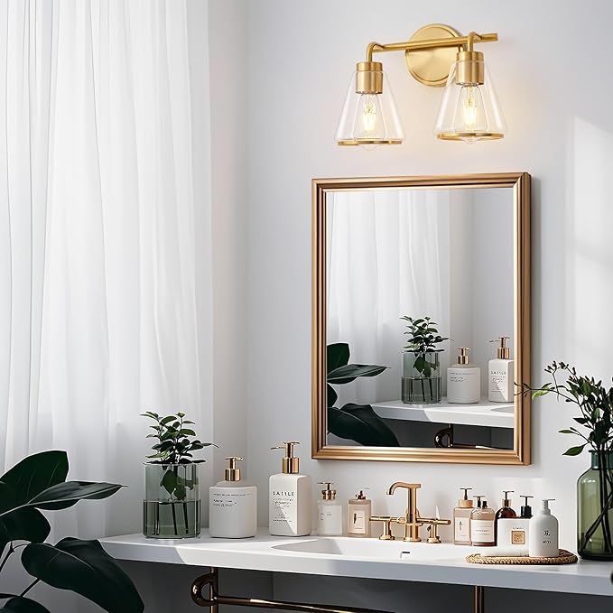 Bathroom Light Fixtures Over Mirror Gold Vanity Lights 2-Lights Bathroom Vanity Light with Clear Glass Shade 14 inch Vanity Lighting Fixtures Modern Wall Sconces Lights for Barth