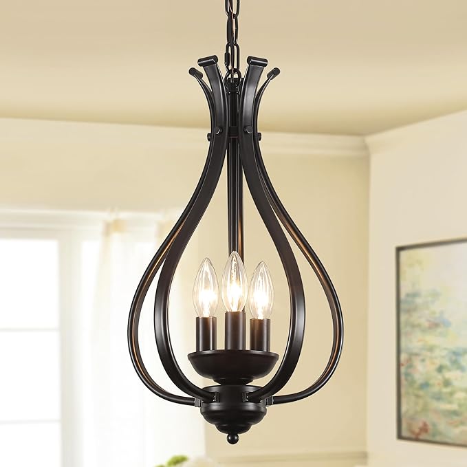 10.63" Black Chandelier 3-Lights Modern Farmhouse Chandeliers for Dining Room Light Fixtures Rustic Metal Industrial Vintage Adjustable Pendant Light Fixture for Foyer Kitchen Entryway Hallway E12