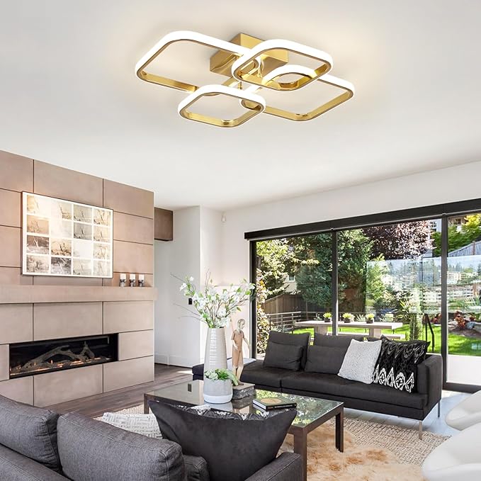 Dimmable Modern Ceiling Lights, 4-Square Flush Mount Ceiling Lighting with Remote Control, 3000K-6000K Gold LED Ceiling Light Fixtures for Bedroom, Dining Room,Kitchen