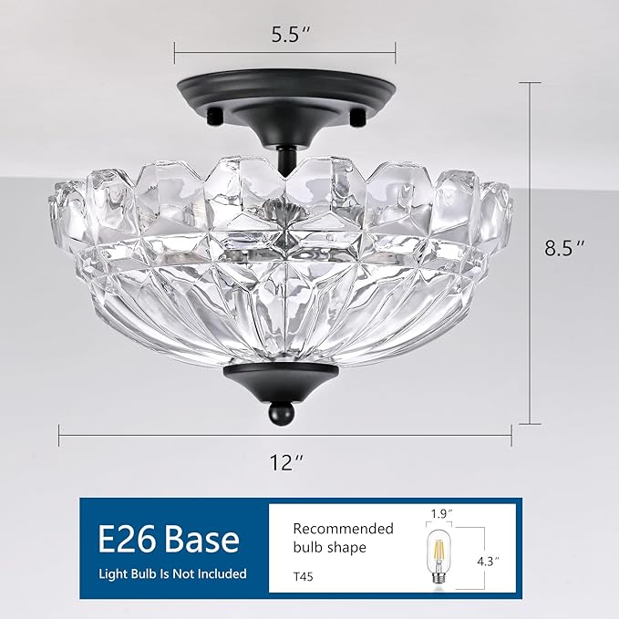 Semi Flush Mount Ceiling Light, 3-Light Kitchen Ceiling Lighting Fixtures with Clear Glass Lampshade, Black Modern Chandelier for Living Room Bedroom Hallway