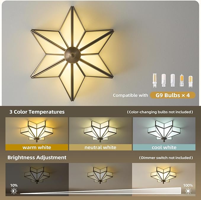 Star Vintage Bronze Ceiling Light - 12.2 Inch Small Milk Glass Antique Flush Mount Fixture - Mid Century Black Art Deco Lighting for Kitchen Hallway Bedroom Bathroom Laundry Entryway Farmhouse Hall