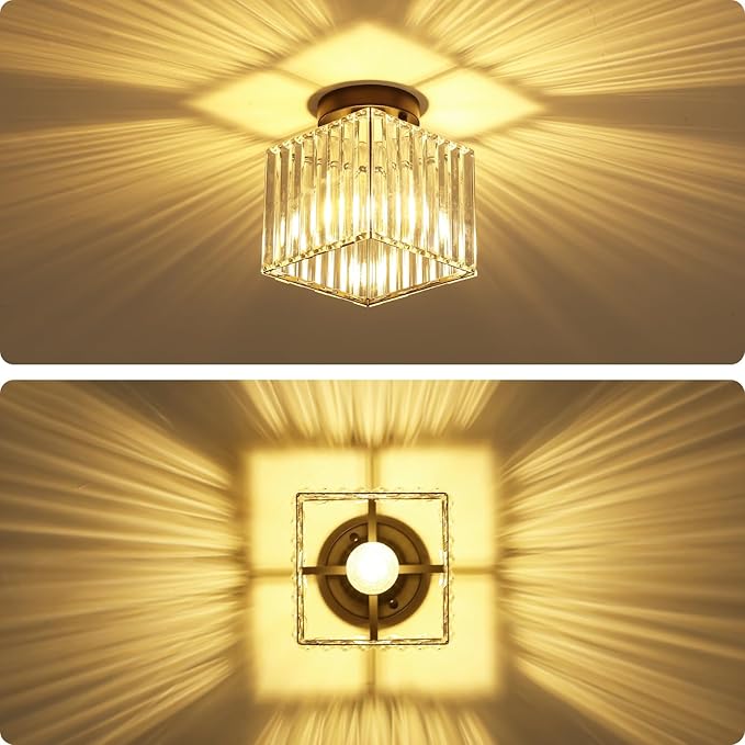 2-Pack Black Crystal Semi Flush Mount Ceiling Light 7.24" Modern Square Lighting Fixture Small Chandelier for Kitchen Hallway Entryway Dining Room Bedroom Bathroom Laundry