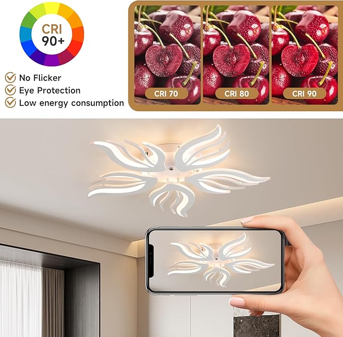 Becailyer Modern Flower Ceiling Light, 29.5" Flush Mount Ceiling Lamp, 50W Dimmable LED Ceiling Lighting Fixtures, 5-Petals Acrylic Close to Ceiling Light for Living Room Bedroom Dining Room, White