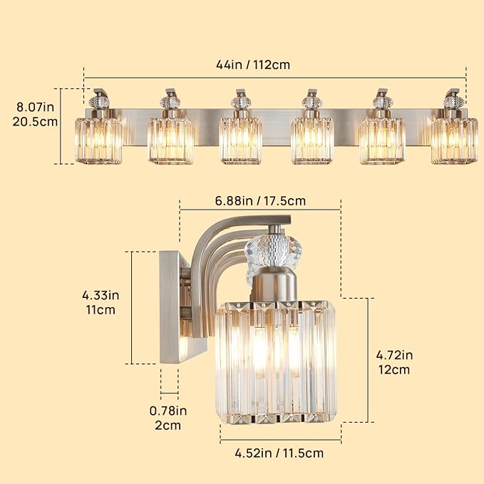Modern Bathroom Vanity Light, 6-Light Nickel Bathroom Lighting Fixtures Over Mirror, 44.1" Crystal Wall Light Sconce for Bathroom/Bedroom/Vanity, Includes LED Bulbs, Easy Installation