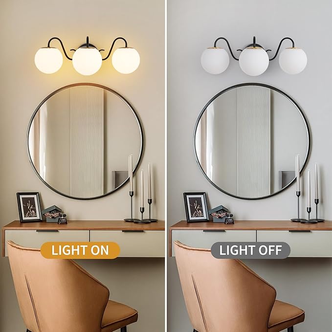 3 Lights Vintage Bathroom Vanity Light Fixtures Over Mirror, Matte Black Vanity Lights For Bathroom With Milk White Glass Globe Shade, Wall Lights For Bedroom, Hallway, Dressing Table(Includ G9 Bulbs)