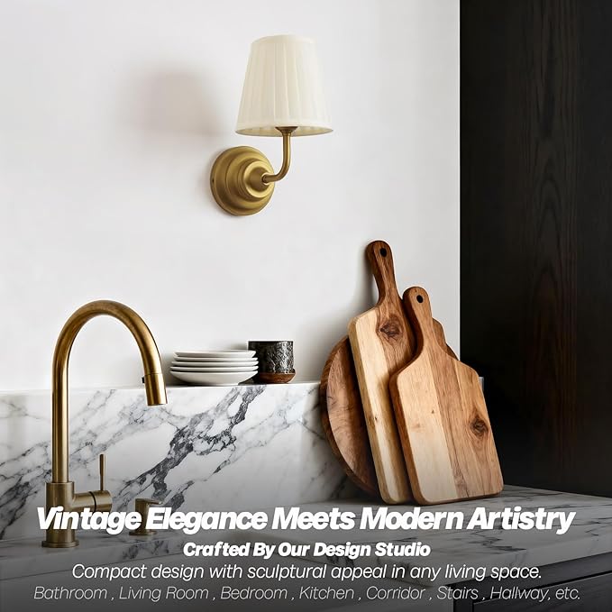Vintage Gold Wall Sconce Light Brass Bathroom Vanity Light with Cream Fabric Shade Hardwire Modern Wall Sconces Lamp for Bedroom Living Room Bathroom Kitchen Indoor E26