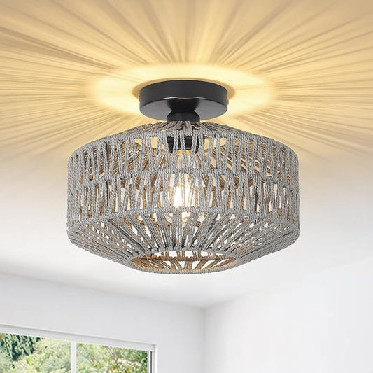 Boho Light Fixtures Ceiling Mount，Rattan Ceiling Light Fixture with Dimmable LED Bulb，Mini Hand Woven Chandelier Light Fixtures Ceilingfor Hallway Bedroom Kitchen Entryway Living Room（Grey）