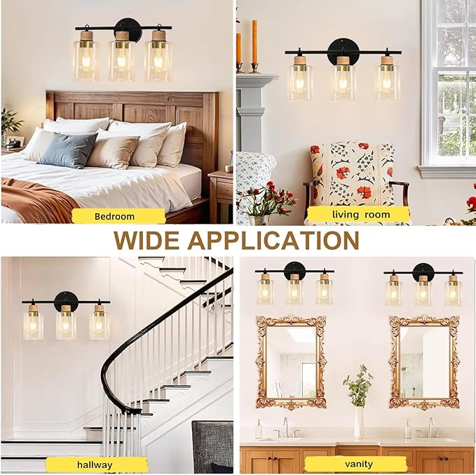 Bathroom Light Fixtures,3-Light Matte Black Vanity Light with Clear Glass Shade,Farmhouse Bathroom Lighting Fixtures Over Mirror,Wall Sconces for Bedroom Kitchen Cabinet Living Room Hallway