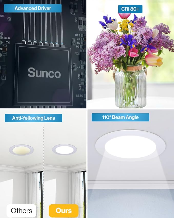 Sunco 48 Pack 4 Inch LED Recessed Lights, Canless Ceiling Light Slim, 650 LM, 10W, Selectable CCT 2700K/3000K/4000K/5000K/6000K, Dimmable, Wafer Thin, with Junction Box ETL.