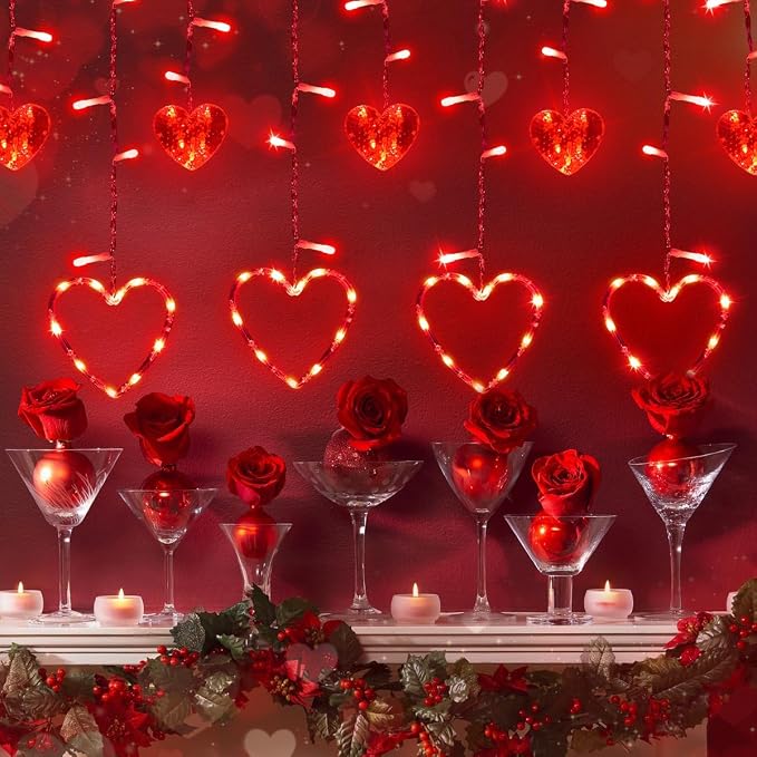 Valentine's Day Red Curtain Lights with 12 Hearts, 138 LED Heart-shaped String Lights 8 Lighting Modes, Plug in Waterproof Valentines Day Lights for Indoor Outdoor Party Wedding Valentine's Day Decor