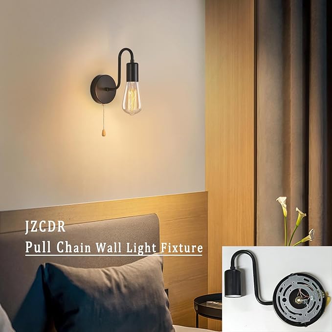 Vintage Pull Chain Wall Sconce Light with Switch Black Wall Lights Fixture Retro E26 Industrial Farmhouse Wall Lamp Hard Wired Sconces Lighting for Mirror Bedroom Bathroom Hallway (1-Light)