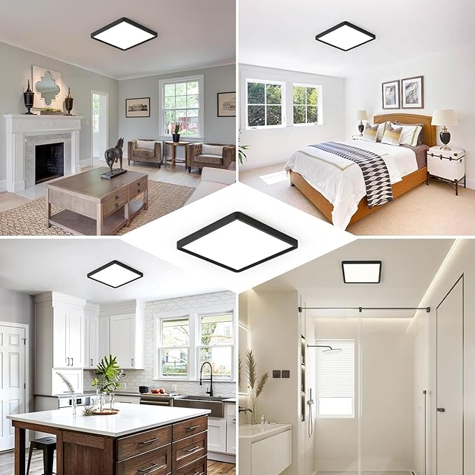 12 Inch Square LED Flush Mount Ceiling Light, 24W, 2520LM, 3000K/4000K/6000K CCT Selectable, Flat Panel Light, Low Profile, Fits for Hallway, Kitchen, Bedroom, Laundry Room (Black, 12" 12PK)