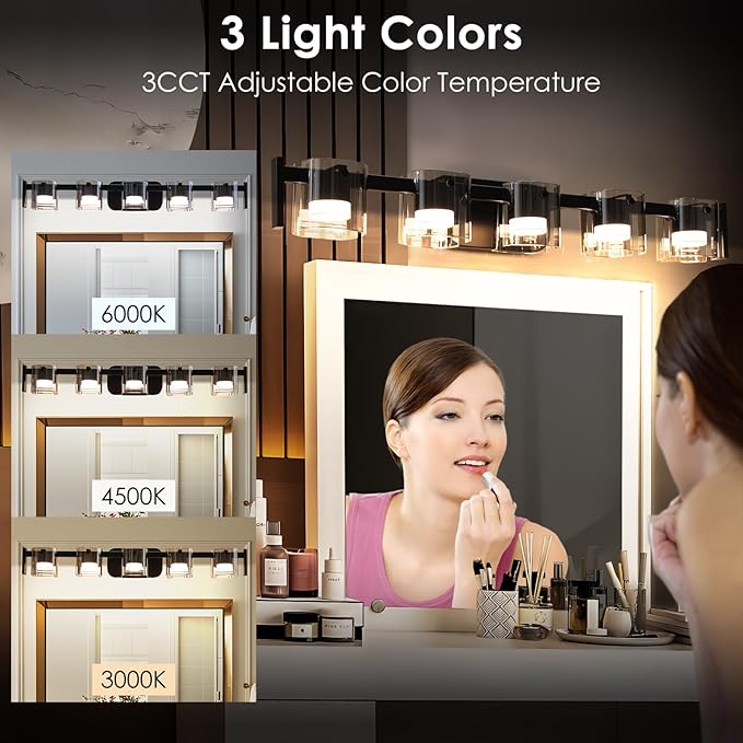 33.4" Modern Black Bathroom Vanity Light 5 Light Bathroom Light fixtures Cordless LED Vanity Light, 3000K/4000K/6000K Adjustable Wall Light with Smoke Gray Glass for Restroom,Bedroom,washroom