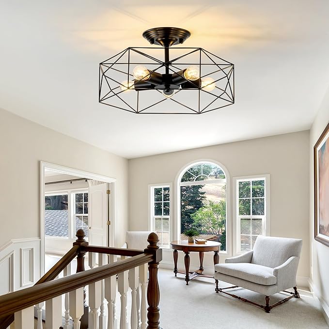 5-Light Farmhouse Semi Flush Mount Ceiling Light Fixture, Modern Black Ceiling Light, Industrial Close to Ceiling Light with Metal Hexagon Cage Ceiling Lamp for Kitchen, Hallway, Bathroom，closet