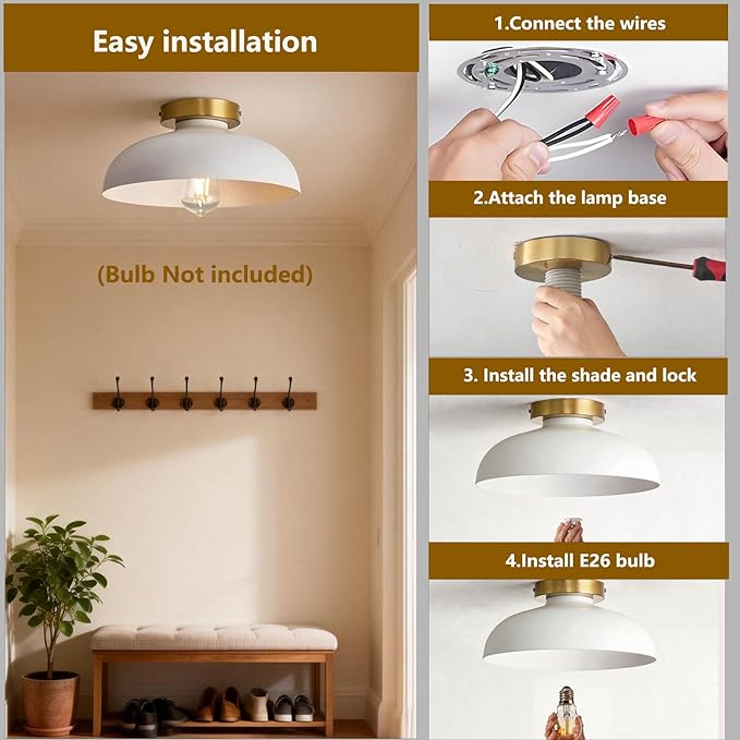 3 Pack Modern Semi Flush Mount Ceiling Light,Industrial White and Gold Ceiling Fixtures,E26 Ceramic Lamp Head Light Fixture for Kitchen Entryway Hallway Laundry Room Bedroom Foyer 11.8 Inch