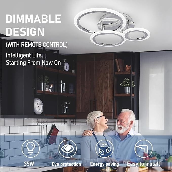 Dimmable Modern Led Ceiling Light 3 Rings Dimming Circle Modern Living Room Light Fixture Chrome Acrylic Flush Mount Ceiling Light with Remote for Bedroom Bathroom Kitchen Balcony Corridor
