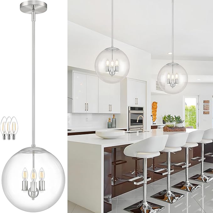 Bagood 14 Inch Globe Pendant Light Nickel Large Globe Pendant Lights Kitchen Island Mid Century Light Fixture with Hight Clear Glass Adjustable Hanging Lights for Living Room Foyer (Bulb Included)
