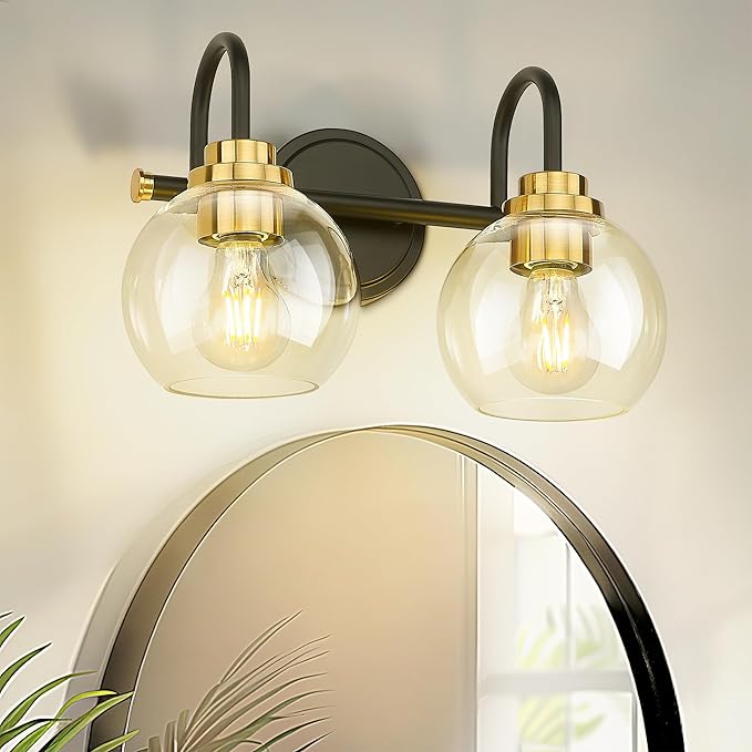 Bathroom Light Fixtures, 2-Light Black and Gold Vanity Lights with Globe Clear Glass, Modern Vanity Lighting Fixtures Over Mirror, AD-22280-2W-KG