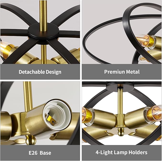 Semi Flush Mount Ceiling Light Chandelier 20'' Black and Gold Modern Light Fixtures Ceiling 4-Light Farmhouse Chandelier Style Flower Shape for Bedroom,Kitchen,Porch,Hallway